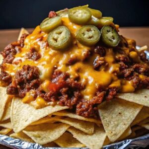 Loaded nachos with ground beef topped with melted cheese and jalapenos on top.