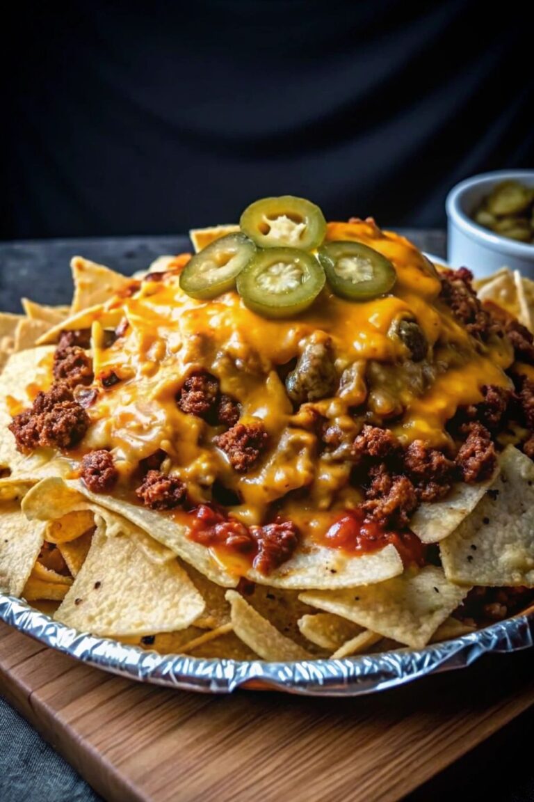 Loaded nachos with ground beef topped with melted cheese and jalapenos on top.