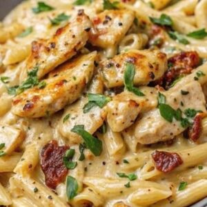 Chicken pasta in sauce with herbs and sundried tomatoes.