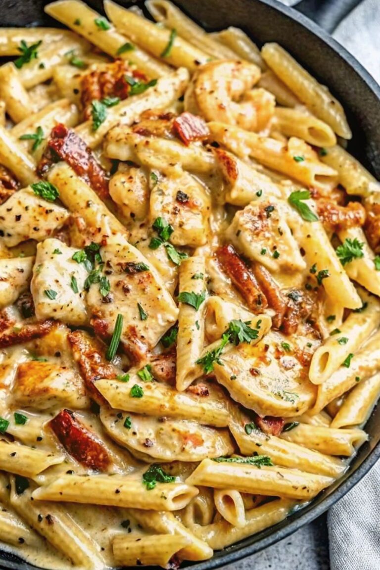 Chicken pasta in sauce with herbs and sundried tomatoes.