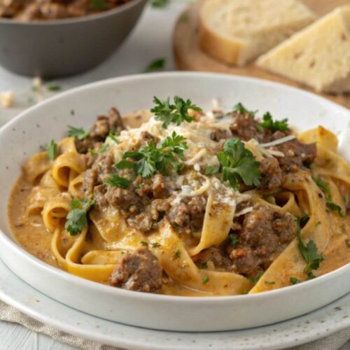 Bowl of ground beef stroganoff.