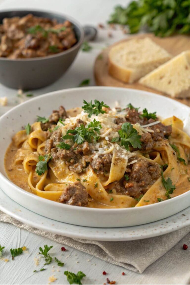 Bowl of ground beef stroganoff.