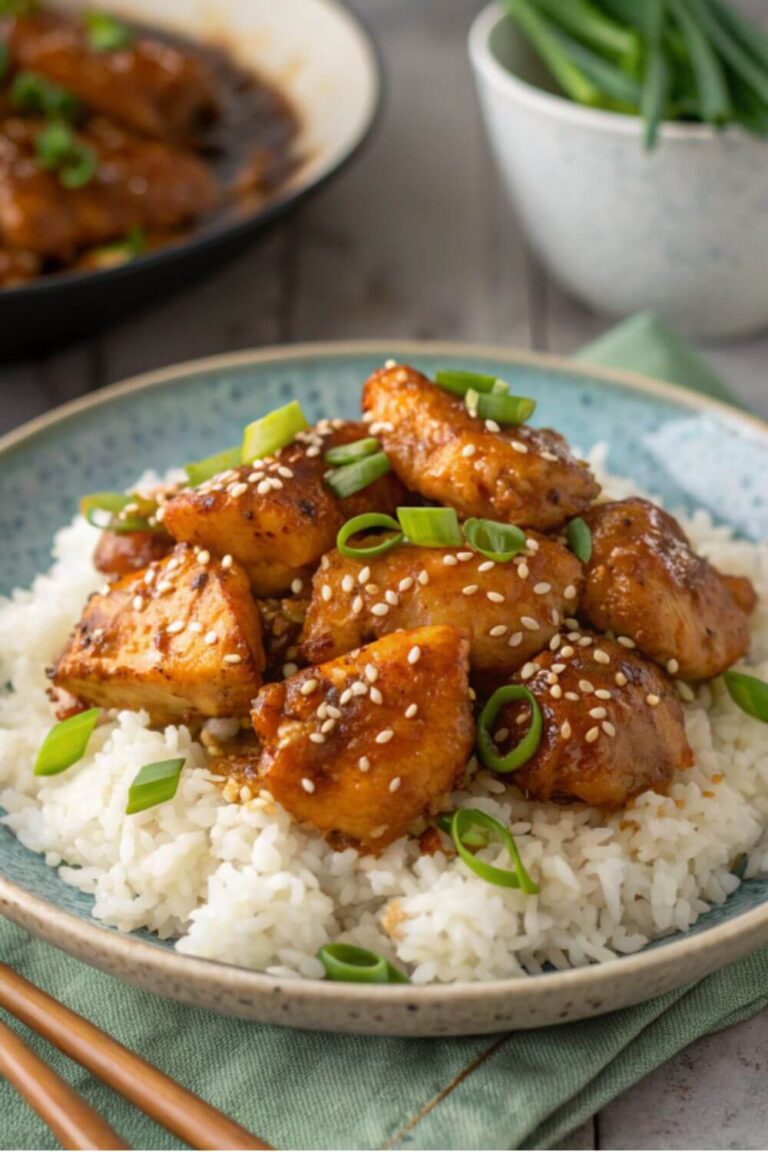 Honey garlic chicken pieces on a bed of rice in a bowl with sesame seeds and spring onion garnish.