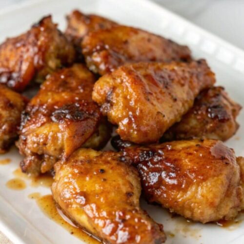 Plate of honey garlic chicken wings.