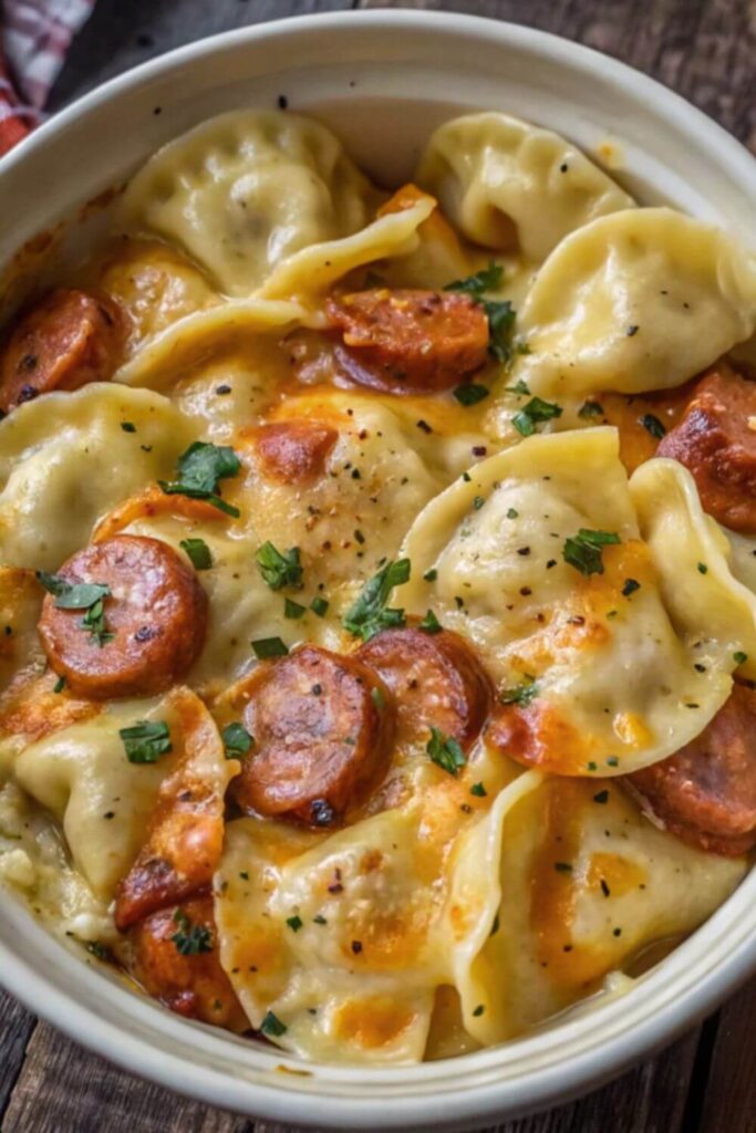 Pierogi casserole with sliced kielbasa in a dish.