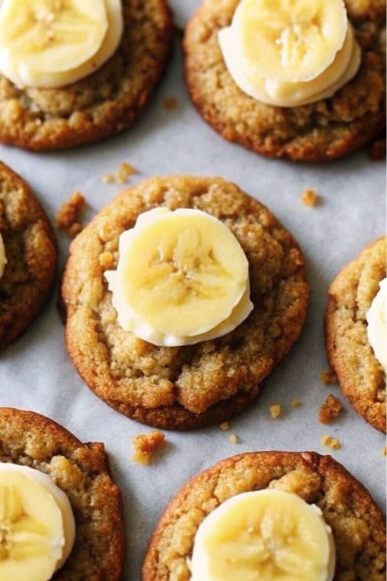 Banana bread cookies on baking paper with banana slice on top.