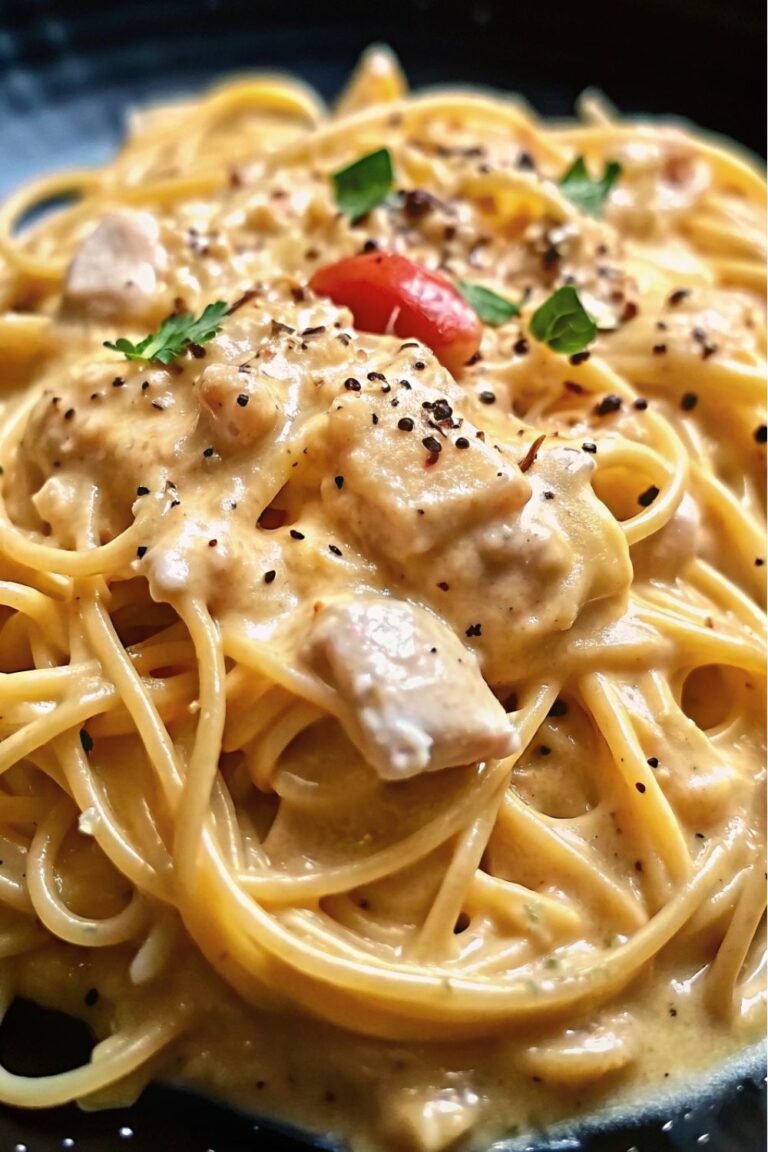 Chicken and spaghetti in a creamy sauce.