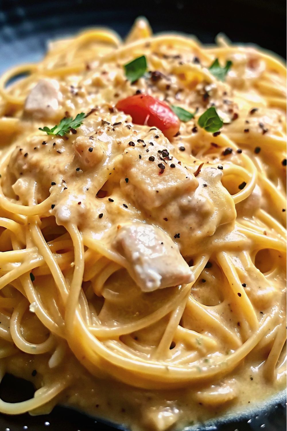 Chicken and spaghetti in a creamy sauce.