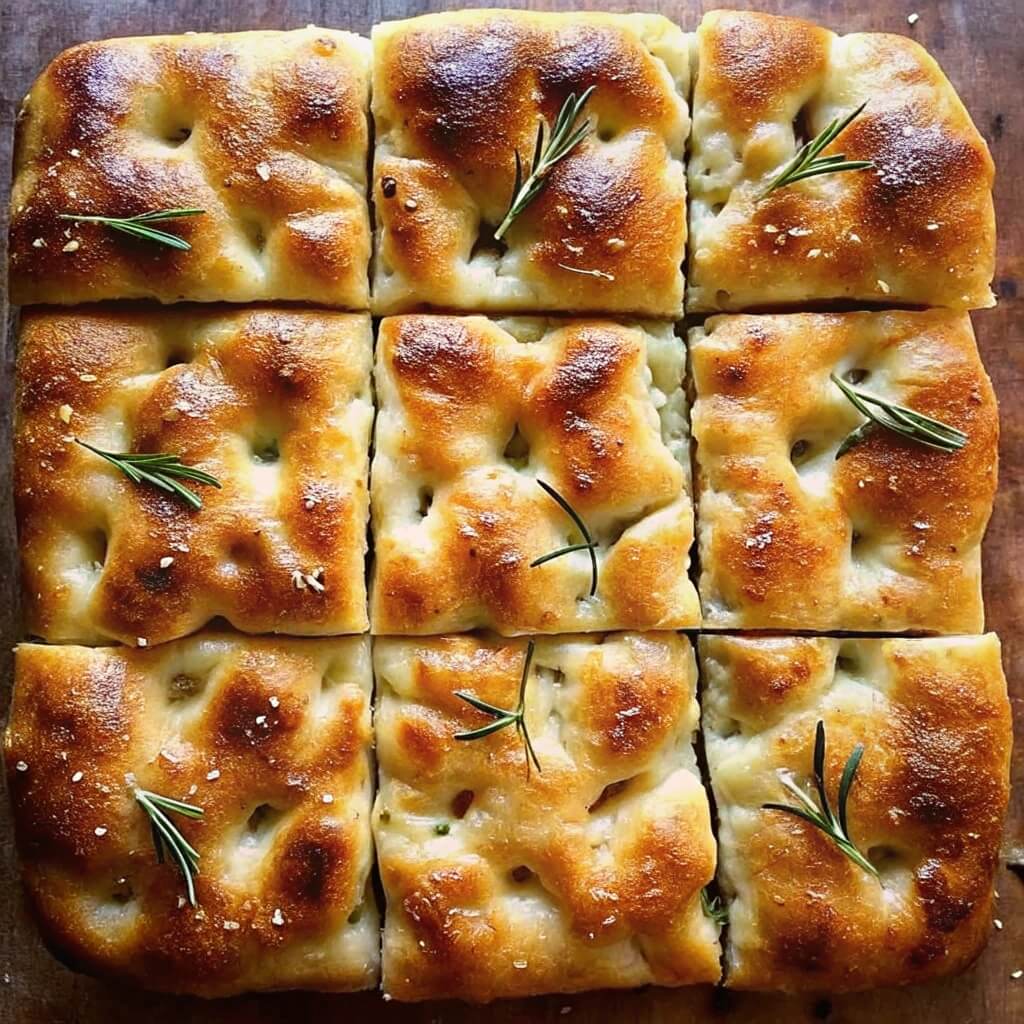 Focaccia bread sliced into squares.