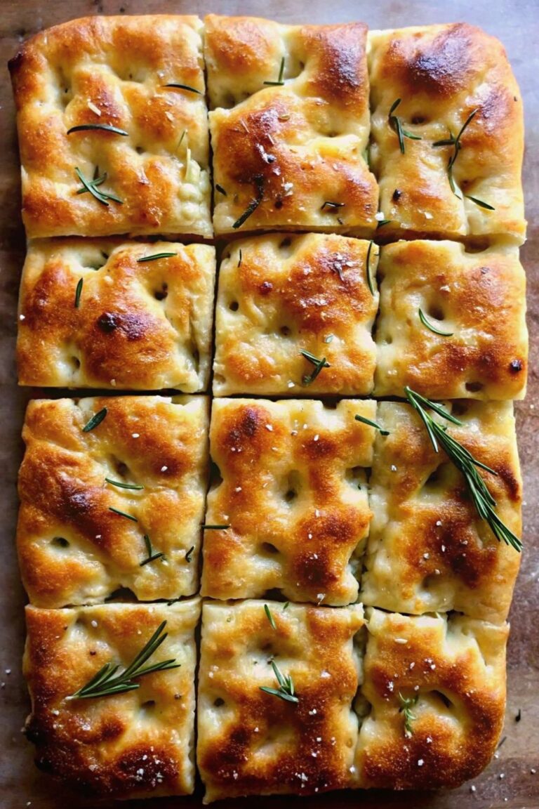 Focaccia bread sliced into squares.